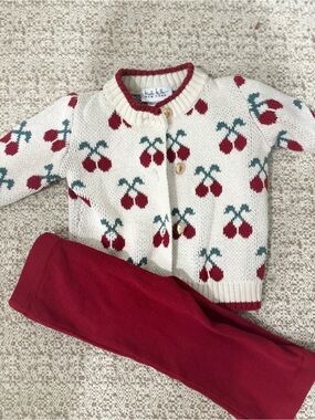 Nicole Miller Cream Cherry Print Cardigan with Red Leggings 2 outfits